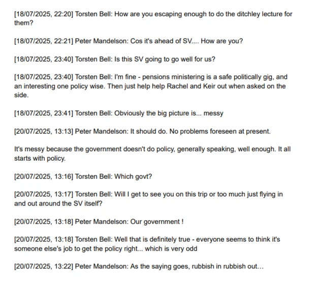 A Whatsapp message exchange between Peter Mandelson and Torsten Bell