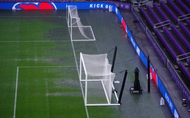 A general view of the water logged pitch inside the Inter&Co Stadium