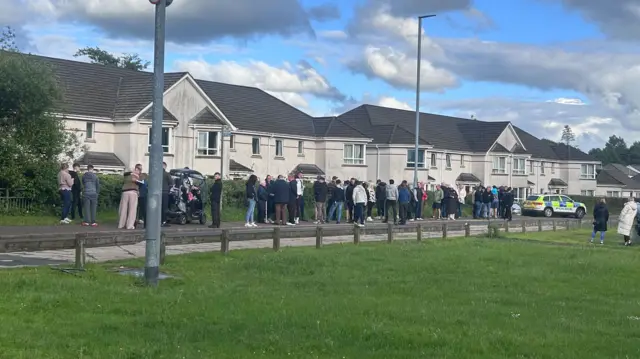 A group of people gathered on a footpath in front of number of houses. There is a grassy park are in the foreground before the road with people, and the houses which are grey, on the far side. The sky is cloudy.