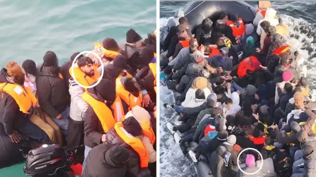 A split image of two small boats packed with people, Tajik and Ali are circled while other faces blurred.