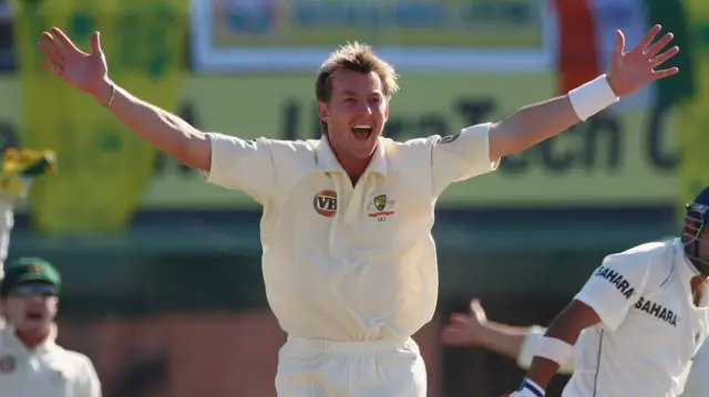 Brett Lee of Australia appeals unsuccessfully for the wicket of Gautam Gambhir against India in 2008