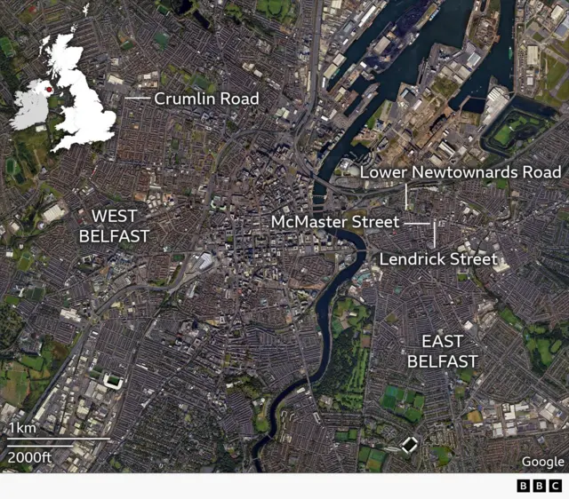 A map of Belfast labelled with locations of incidents of disorder on 9 June 2026.