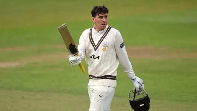 Dan Lawrence of Surrey celebrates his double century against Hampshire