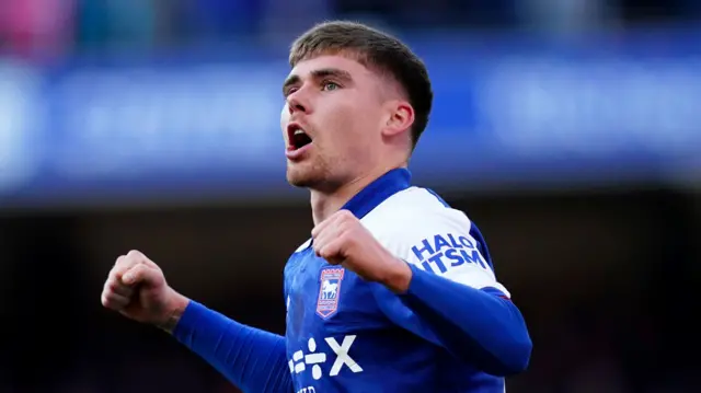 Ipswich Town's Leif Davis celebrates scoring their first goal of the game during the Sky Bet Championship match at Portman Road, Ipswich.