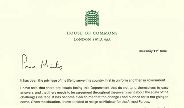 Screenshot of the top of a letter sent by Al Carns to the prime minister