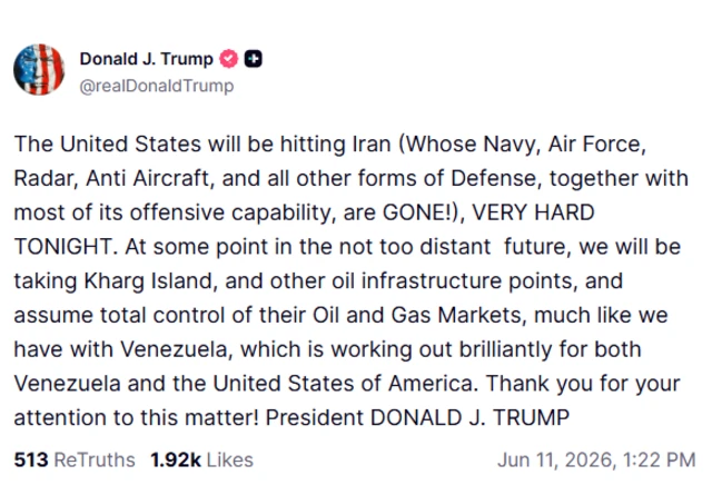 A screengrab of Donald Trump's Truth Social post