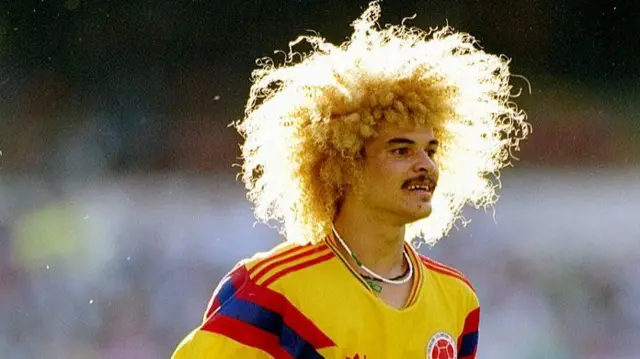Carlos Valderrama of Colombia in action during a World Cup game against Cameroon