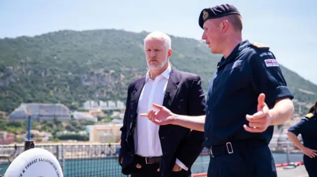Armed forces minister Al Carns (left) during a visit to RFA Lyme Bay in Gibraltar