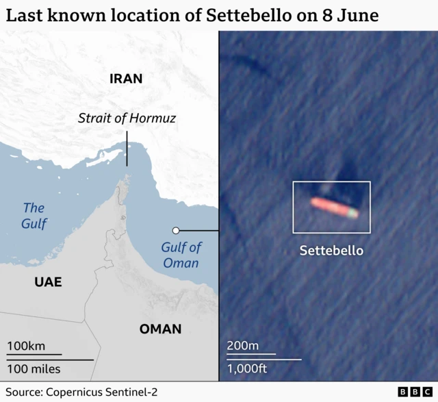 A map shwoing the locaion of the Settebello on 8 June in the Gulf of Oman and a satellite image of the tanker from the same date