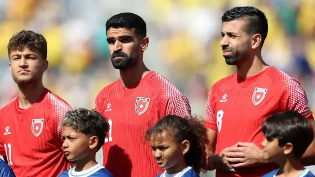 ) Odeh Fakhoury, Nizar Al-Rashdan and Noor Al-Rawabdeh of Jordan line up prior to the international friendly match between Jordan and Colombia at Snapdragon Stadium on June 07, 2026 in San Diego, California.