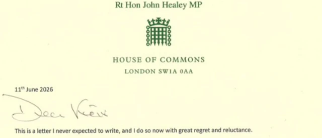 The start of Healey's letter, saying he is writing with "great regret and reluctance"