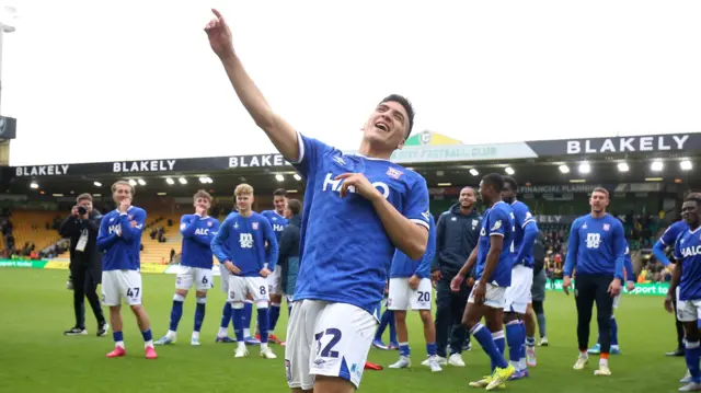 Ipswich Town's Marcelino Nunez celebrates following the match at Carrow Road, Norwich against Norwich City.