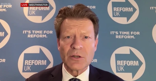 Richard Tice speaks on BBC Breakfast in front of Reform UK branding