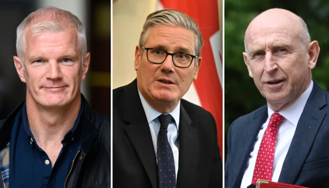 A composite image of Al Carns, Keir Starmer and John Healey, wearing sutis