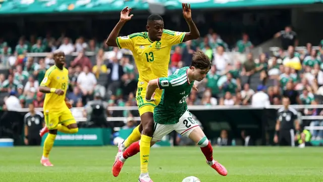 Brian Gutierrez #26 of Mexico is fouled by Sphephelo Sithole #13 of South Africa during the FIFA World Cup 2026 Group A match between Mexico and South Africa at Mexico City Stadium on June 11, 2026 in Mexico City, Mexico