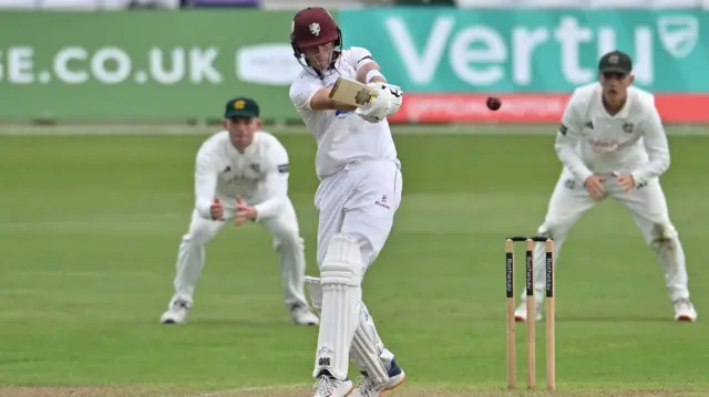 Archie Vaughan plays a pull shot for Somerset against Notts