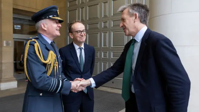 Chief of the Defence Staff Sir Richard Knighton greets Dan Jarvis on his first day as defence secretary