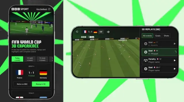 A graphic showing two images of phones which display a new BBC interactive service