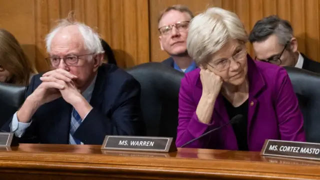 US Senator Bernie Sanders (L), Independent of Vermont, and US Senator Elizabeth Warren (R), Democrat of Massachusetts, pictures together on 4 February 4, 2025