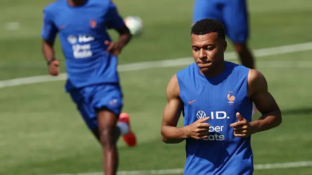 France's forward #10 Kylian Mbappe takes part in a training session during the 2026 World Cup football tournament at Bentley University in Waltham, Boston on June 11, 2026.