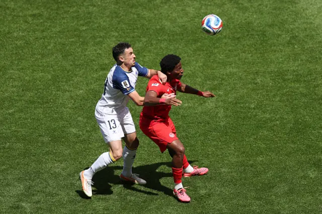 Jonathan David of Canada heads the ball against Ivan Basic