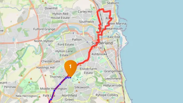 A screenshot of the live tracker following Jill, showing her just passing Thorney Close and the remainder of her journey up and around Sunderland