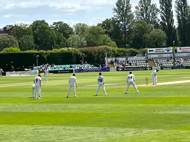 Middlesex slip fielders prepare for the next ball