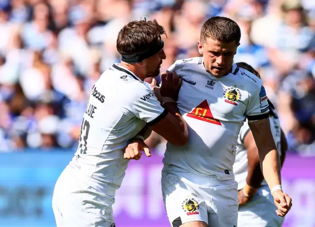 Exeter Chiefs' Henry Slade and Harvey Skinner celebrate during the game