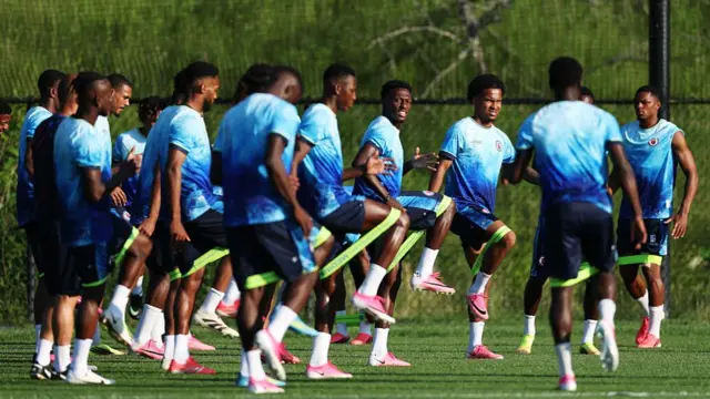 Haiti players participate in a drill during the training and press conference of Haiti one day ahead of the FIFA World Cup 2026 Group C match between Haiti and Scotland at Boston Stadium on June 12, 2026 in Boston, Massachusetts