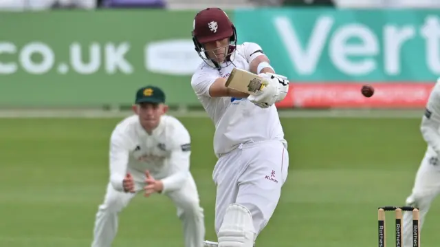Archie Vaughan playing a pull shot for Somerset against Notts