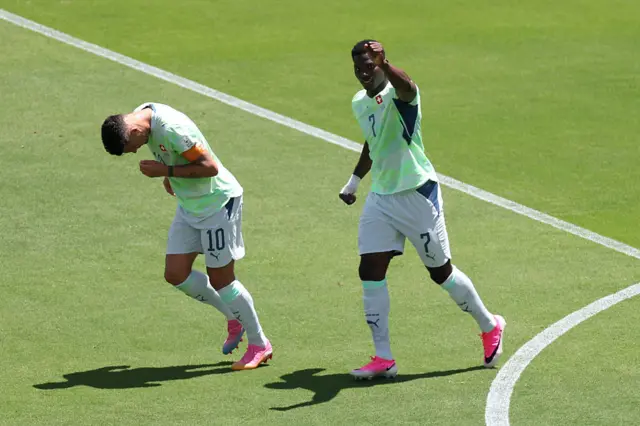 Breel Embolo #7 of Switzerland celebrates with Granit Xhaka #10