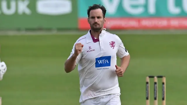 Lewis Gregory of Somerset celebrates taking a wicket