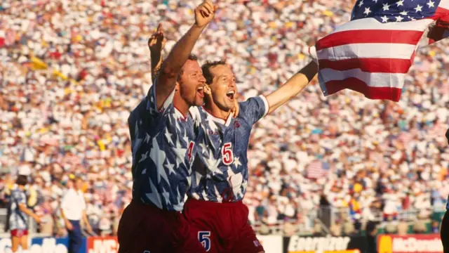 lexi Lalas and Thomas Dooley (USA) celebrate a 2-1 victory over Colombia during a first round match of the 1994 FIFA World Cup.