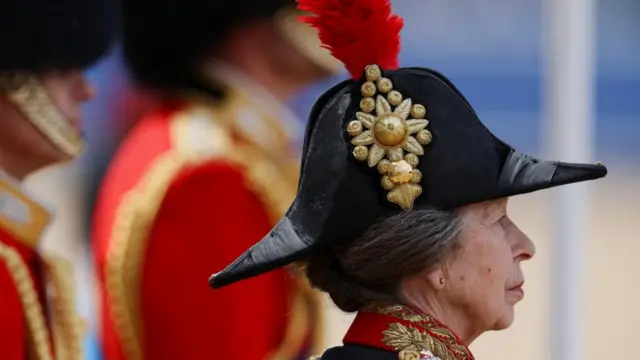 The Princess Royal watches the Trooping the Colour. She is wearing a grand hat decorated with red feathers and gold leaves on the side