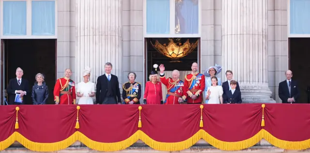 Members of the Royal Family (left to right) the Duke of Gloucester, the Duchess of Gloucester, the Duke of Edinburgh, the Duchess of Edinburgh, Vice Admiral Sir Tim Laurence, the Princess Royal, Queen Camilla, King Charles III, the Prince of Wales, the Princess of Wales, Princess Charlotte, Prince George, Prince Louis and the Duke of Kent on the balcony of Buckingham Palace, London, to view the flypast following, the Trooping the Colour ceremony in central London, as King Charles III celebrates his official birthday