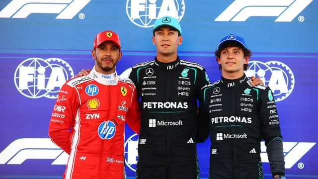 Lewis Hamilton, George Russell and Kimi Antonelli