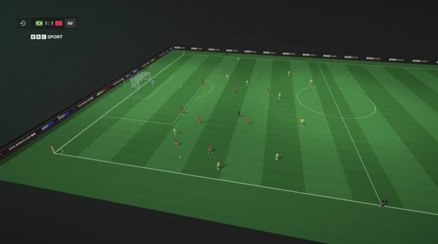 An 3d simulation of the match showing Vinicius passing the ball down the line to a central attacker running wide