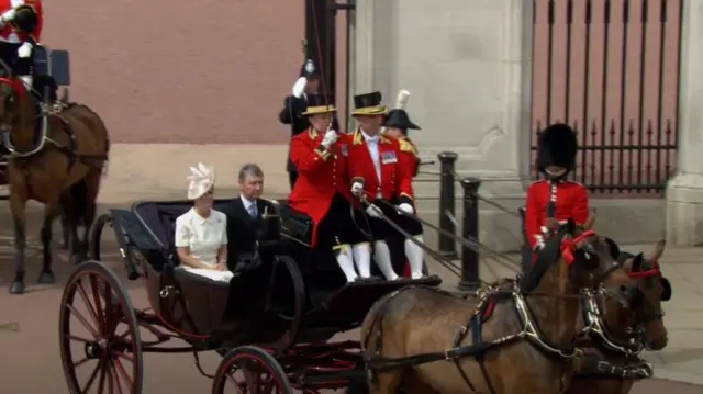 Duchess of Edinburgh and Sir Tim Laurence travel in the first carriage leaving Buckingham Palace