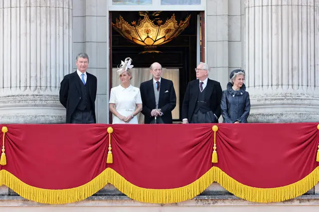 Members of the Royal Family gather on the Buckingham Palace balcony. (Left to right: Sir Tim Laurence, the Duchess of Edinburgh, the Duke of Kent, the Duke of Gloucester and the Duchess of Gloucester).