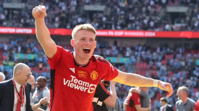 Scott McTominay of Manchester United celebrates after the Emirates FA Cup Final match between Manchester City and Manchester United at Wembley Stadium on May 25, 2024 in London, England.