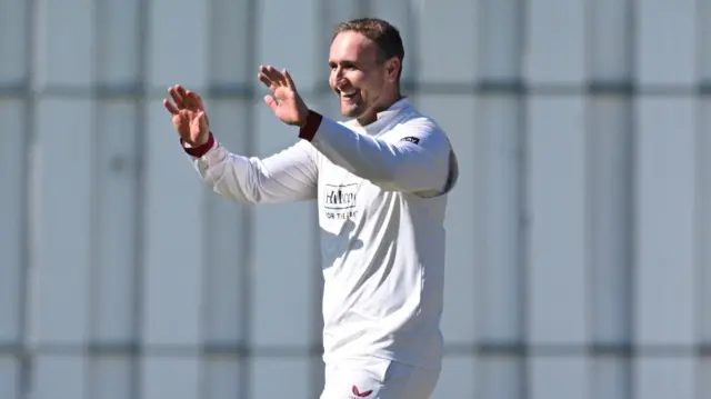 Liam Livingstone celebrates taking a wicket for Lancs against Kent
