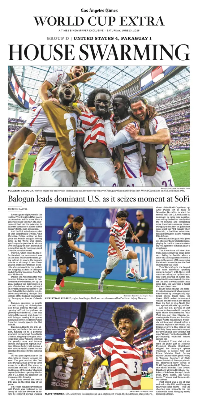 World Cup sports page in the Los Angeles Times