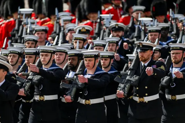 Members of the Household Division march during the Trooping the Colour parade