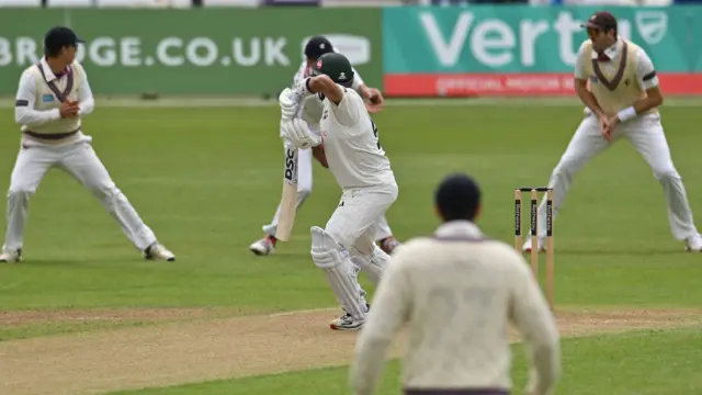 Haseeb Hameed is caught by Archie Vaughan off Lewis Gregory