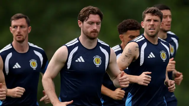 Ryan Christie #11 (R) of Scotland participates in the training and press conference of Scotland one day ahead of the FIFA World Cup 2026 Group C match between Haiti and Scotland at Boston Stadium on June 12, 2026 in Boston, Massachusetts.