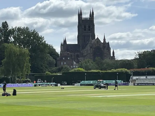 Worcester cathedral towering in the background ahead of preparations for play at New Road