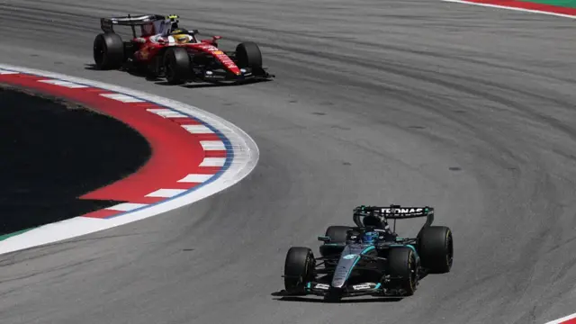 Russell leading Hamilton during the Barcelona GP