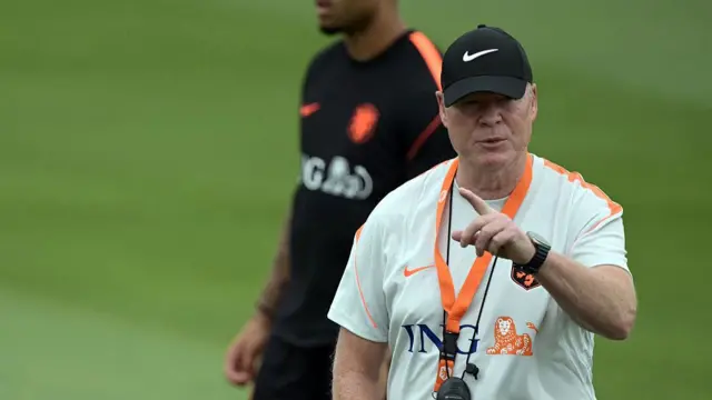 Netherlands' head coach Ronald Koeman gestures during a training session during the 2026 World Cup football tournament at KC Current Training Facility in Kansas City on June 11, 2026