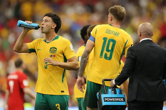 Alessandro Circati #3 of Australia takes a drink during a hydration break during the FIFA World Cup 2026 Group D match between Australia and Türkiye at BC Place Vancouver
