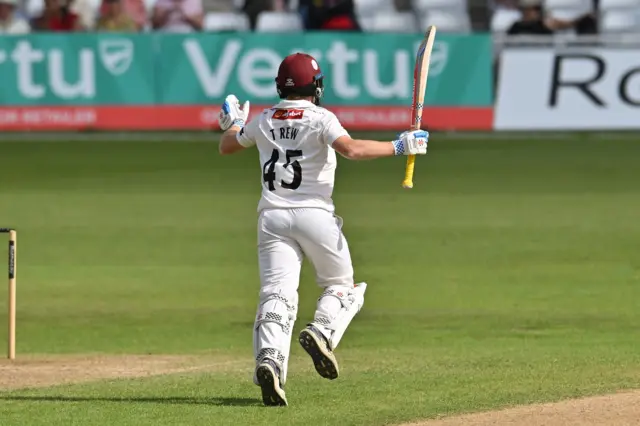 Thomas Rew celebrates getting 100